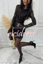 Deep and Dazzling Floral Texture Sequin Long Bell Sleeve Open Back Mini Dress