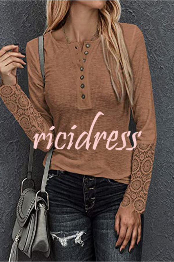 Solid Color Button Crochet Lace Long Sleeve Top