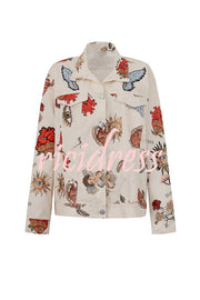 Angel Wings Denim Unique Print Button Up Long Sleeve Pocketed Relaxed Jacket