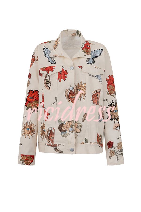 Angel Wings Denim Unique Print Button Up Long Sleeve Pocketed Relaxed Jacket