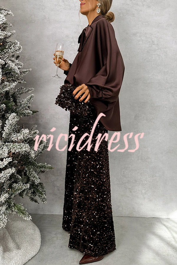 Chic and Merry Velvet Sequin High Rise Elastic Waist Flare Pants