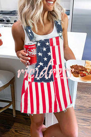 Independence Day American Flag Print Casual Pocket Denim Strap Mini Dress