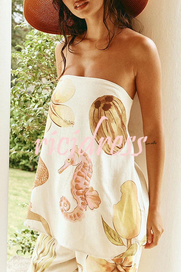 Island Time Linen Blend Unique Print Strapless Top and Elastic Waist Pocket Loose Pants Set