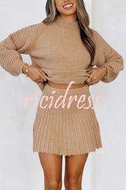 Solid Color Round Neck Puff Sleeve Loose Knit Sweater and Casual Striped Mini Skirt Set