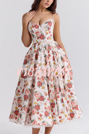 Fairy Tale Gorgeous Italian Rose Print Tulle Pocketed Slip Midi Dress