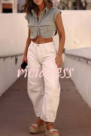 Stylish Weekend Denim Button Up Cape Sleeve Pocket Crop Top