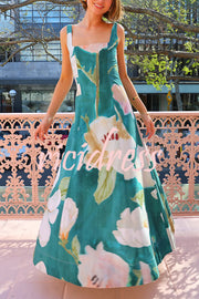 Floral Print Sleeveless Square Neck Big Hem Maxi Dress