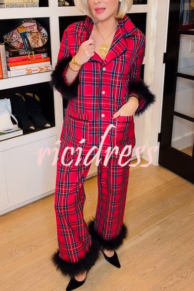 Holiday Time Plaid Contrast Feather Sleeve Pocket Shirt and Elastic Waist Pajama Set