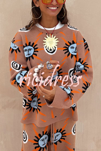 Mediterranean Art Knit Unique Sun Vortex Print Long Sleeve Relaxed Sweater