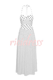 Polka Dot Print Halterneck Tie-stitched Slim Maxi Dress