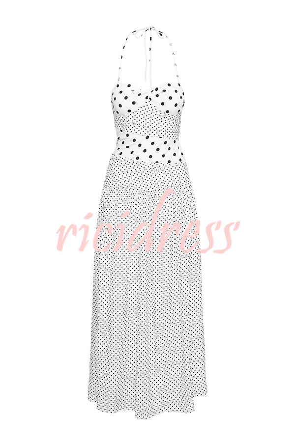 Polka Dot Print Halterneck Tie-stitched Slim Maxi Dress