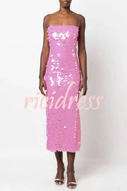 Sexy Sequined Halter-neck Backless Slim Fit Slit Midi Dress