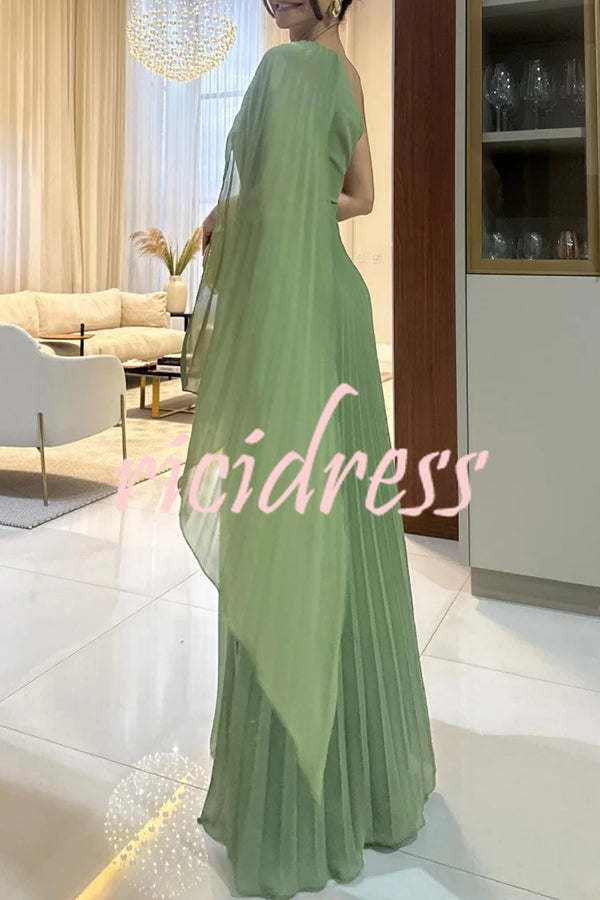 Kate Pleated One Shoulder Drape Sleeve Twist Waist Maxi Dress