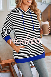 Striped Print Long Sleeve Pocket Loose Hoodie