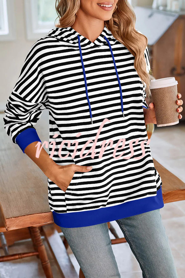 Striped Print Long Sleeve Pocket Loose Hoodie