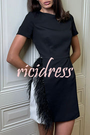 Marcelle Feather Trim Short Sleeve Color-block Him Mini Dress