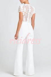 Party Charmer Flower Lace Patchwork Short Sleeve Bow Belted Flare Jumpsuit