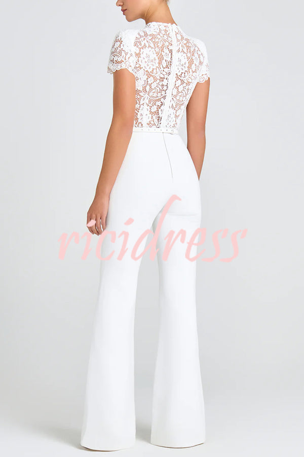 Party Charmer Flower Lace Patchwork Short Sleeve Bow Belted Flare Jumpsuit