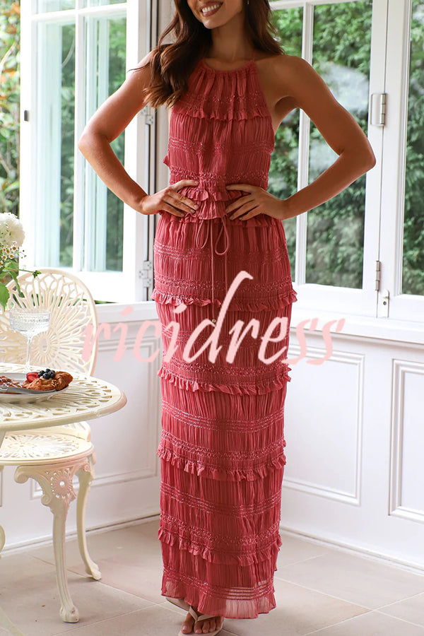 Feel Chic and Romantic Sequin Textured Material Drawstring Waist Tiered Maxi Skirt