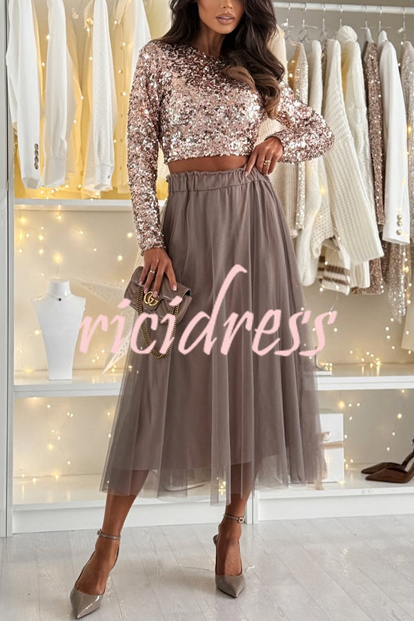 Holiday Party Tulle High Rise Elastic Waistband A-line Midi Skirt