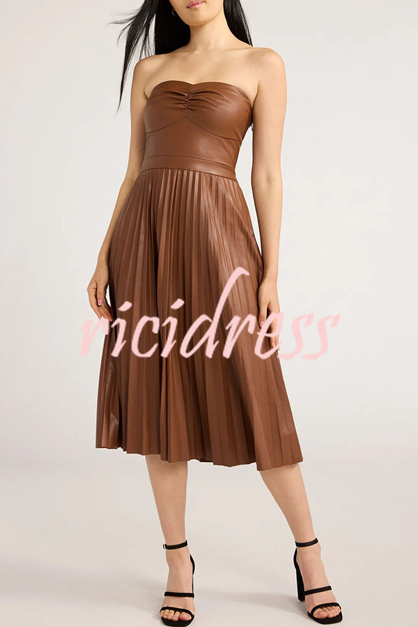 My Juliet Faux Leather Off Shoulder Strapless Pleated Stretch Midi Dress