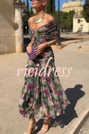 Unique Printed V-Neck Waisted Mesh Holiday Maxi Dress