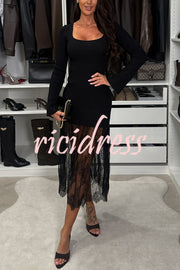 Ellie Ribbed Knit Square Neck Long Sleeve Lace Patchwork Hem Midi Dress
