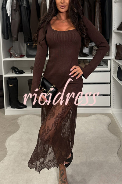Ellie Ribbed Knit Square Neck Long Sleeve Lace Patchwork Hem Midi Dress