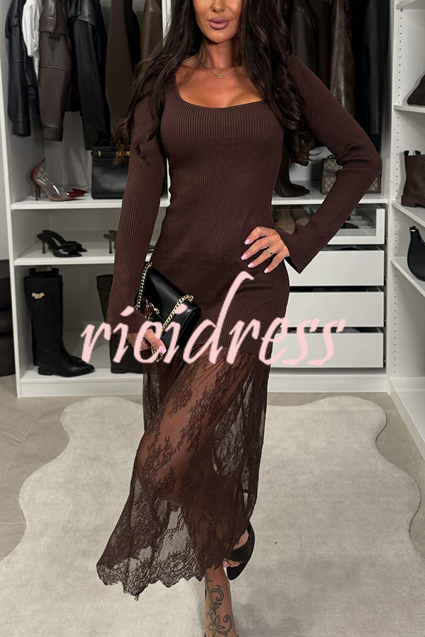 Ellie Ribbed Knit Square Neck Long Sleeve Lace Patchwork Hem Midi Dress