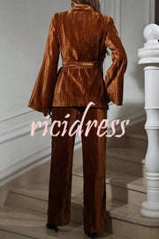 Solid Color Velvet Pleated Long-sleeved Tie Top and Casual Pocket Straight-leg Pants Set