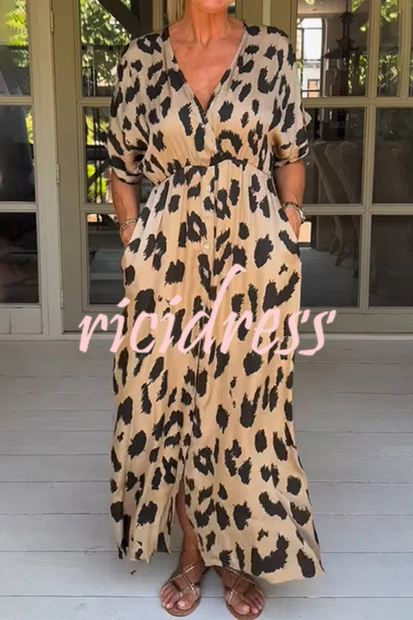 Leopard Print Casual Loose V-neck Short-sleeved Pocket Midi Dress