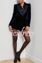 Bold Modern Velvet Contrast Satin Lapel Blazer and High Rise Pocket Shorts Set