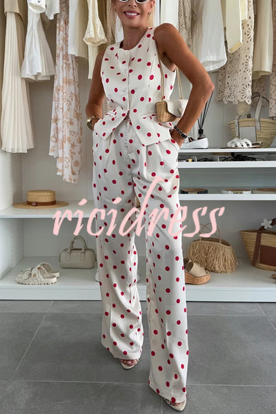 Koreen Polka Dot Round Neck Button Vest and High Rise Pocket Straight Pants Set