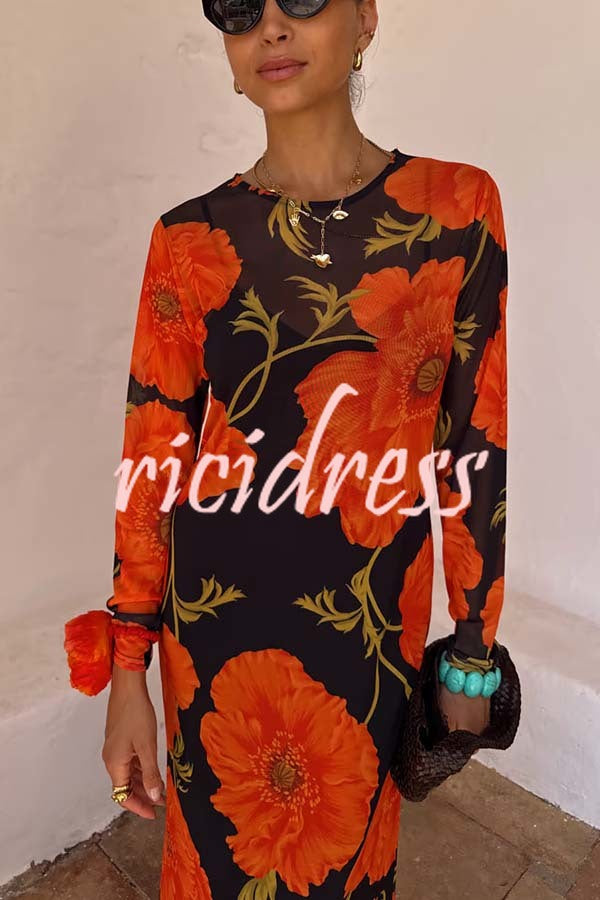 Perfect Cross-season Mesh Poppy Flower Print Long Sleeve Stretch Maxi Dress