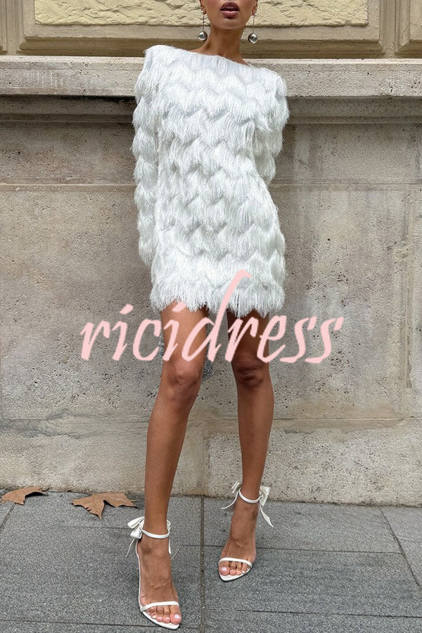 Swaying in The Wind Layered Tassels Wide Neck Long Sleeve H-line Mini Dress