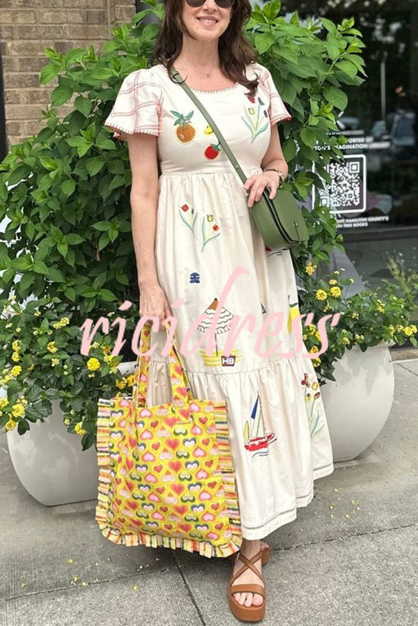 Summer Resort Printed Round Neck Bell Sleeve Maxi Dress