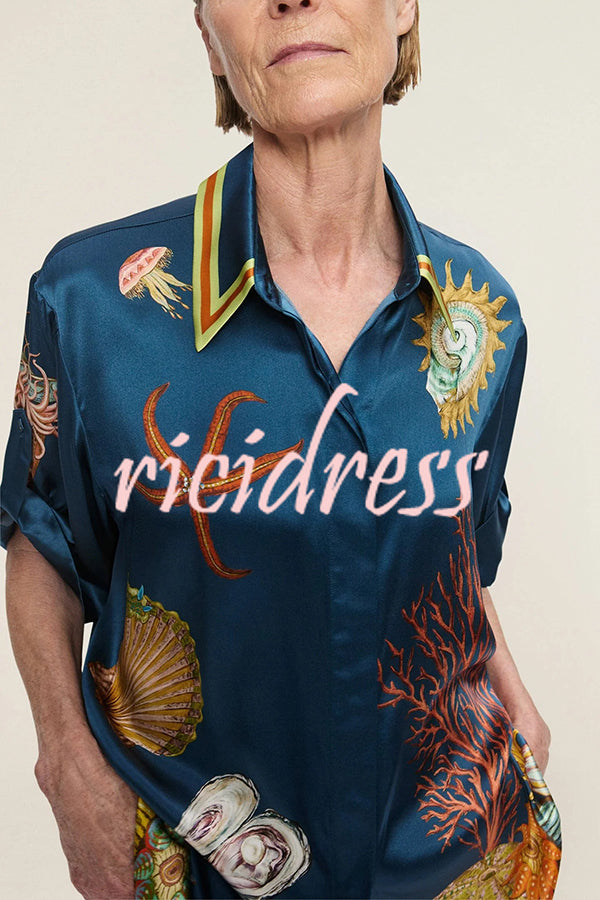 Linen Blend Unique Print Lapel Short Sleeve Shirt and Elastic Waist Loose Pocket Wide Leg Pants Set