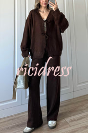 Solid Color V-neck Tie Long-sleeved Loose Knit Cardigan and Elastic Waist Casual Straight Leg Pants Set