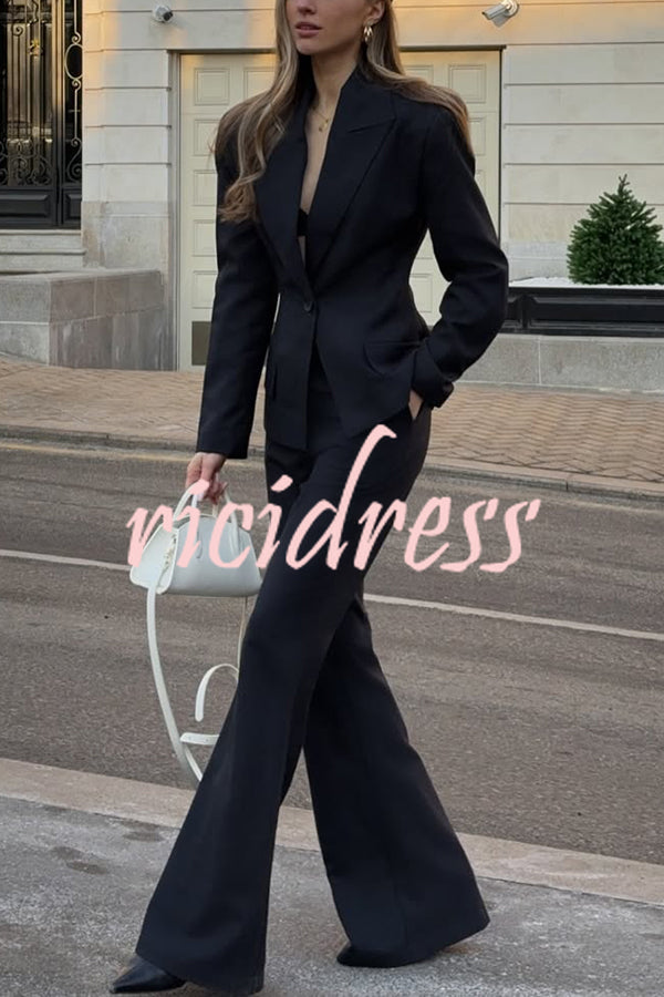 Solid Color Long-sleeved Single-button Blazer and Pocket Casual Flared Pants Set