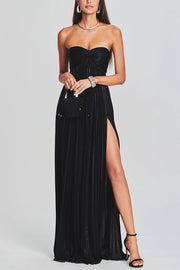 Metallic Sexy Tube Top Pleated High Slit Maxi Dress