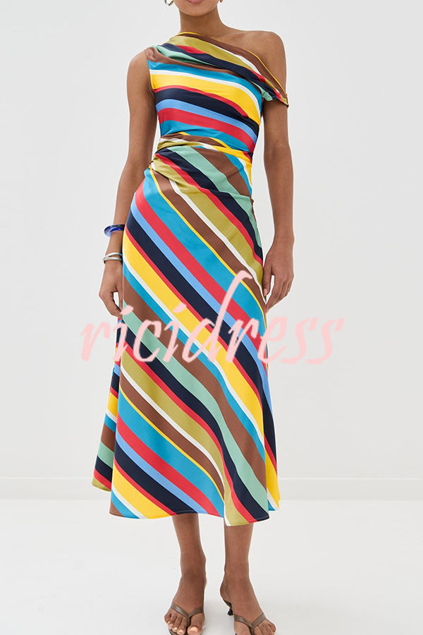 Sunkissed Satin Colourful Stripe Print One Shoulder Midi Dress