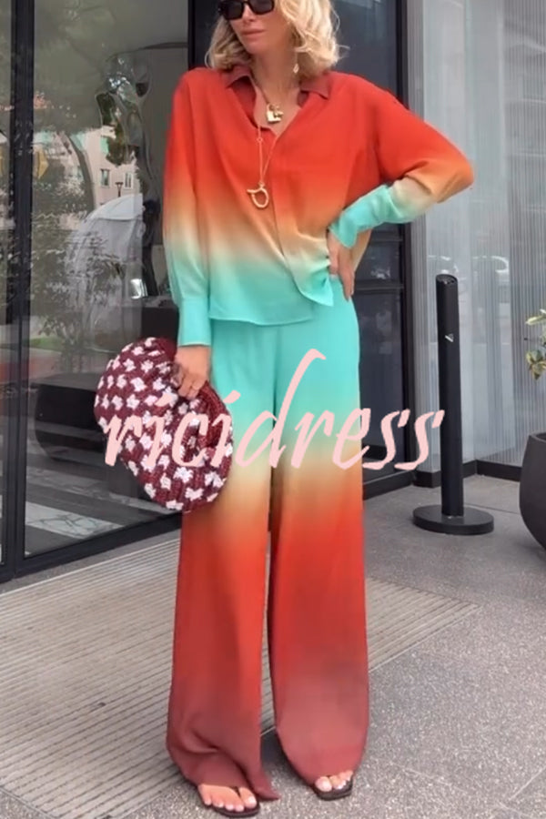 Neon Sunset Gradient Print Long Sleeve High Low Hem Blouse and Elastic Waist Loose Pants Set