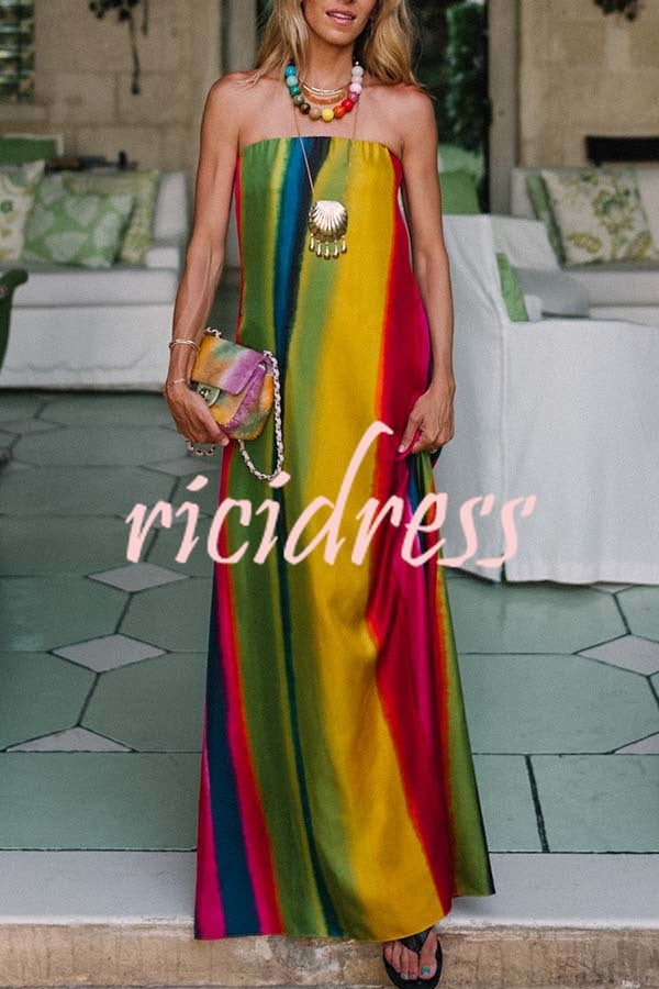 Artistic Rainbow Satin Watercolor Print Off Shoulder Pocketed H-line Maxi Dress