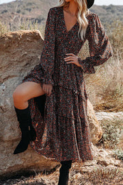 Floral Print V-Neck Loose Casual Holiday Midi Dress