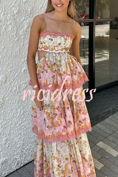 Charming Smile Floral Print Scalloped Lace-trim Back Tie-up Tiered Maxi Dress