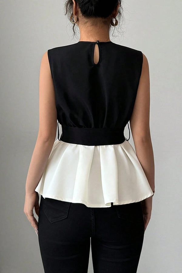 Fashionable Contrasting Color Waist Bow Ribbon Casual Top