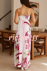 Botanical Print Halter Square Neck Pleated Loose Maxi Dress