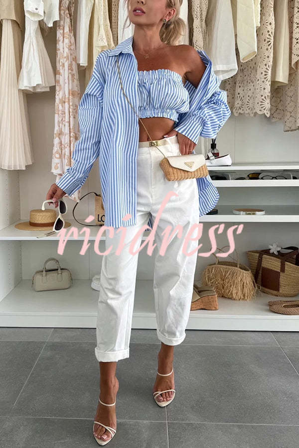 Zoie Striped Stretch Bandeau + Elastic Waist Pocket Shorts + Oversized Blouse 3 Pieces Set