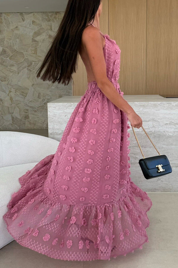 Gloria Embroidery Flowers Elastic Waist Halter Backless Slit Maxi Dress