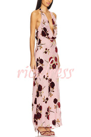 Rose Secret Printed Cowl Neck Halter Backless Maxi Dress